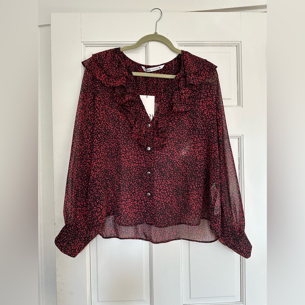Zara Animal Print Blouse with Ruffled Collar (Red/Black) NWT